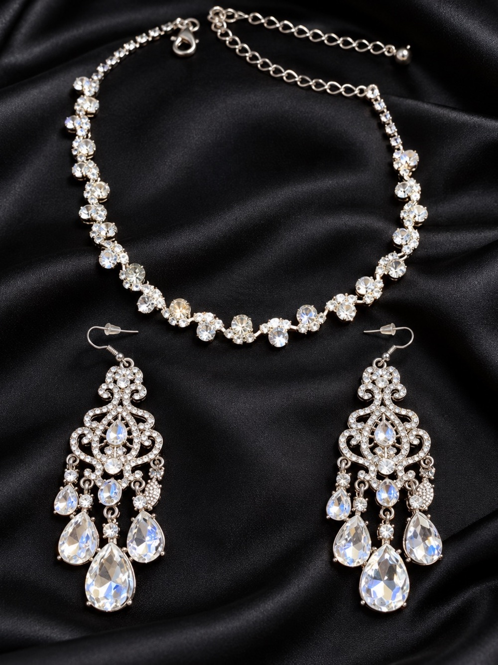 Silver Crystal Teardrop Chandelier Necklace and Earrings Set - Silver Clear